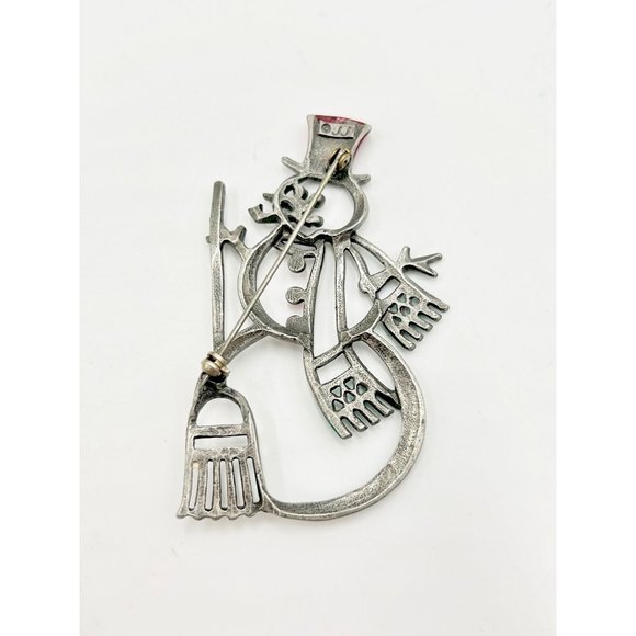 Vintage Signed JJ Snowman Christmas Holiday Brooch Pin Pewter & Enamel Red Green - Picture 7 of 8